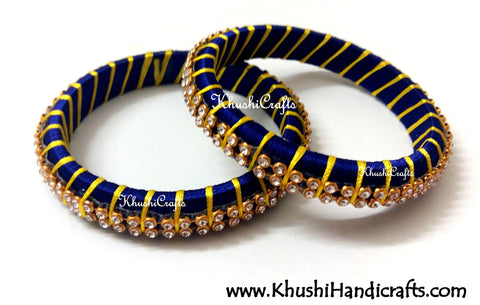 Grand Set of Designer Silk Bangles in Royal blue and Yellow