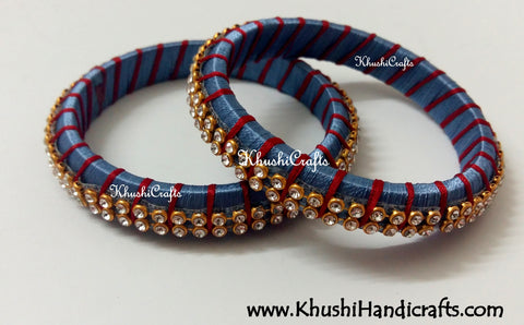 Grand Set of Designer Silk Bangles in Grey and Red