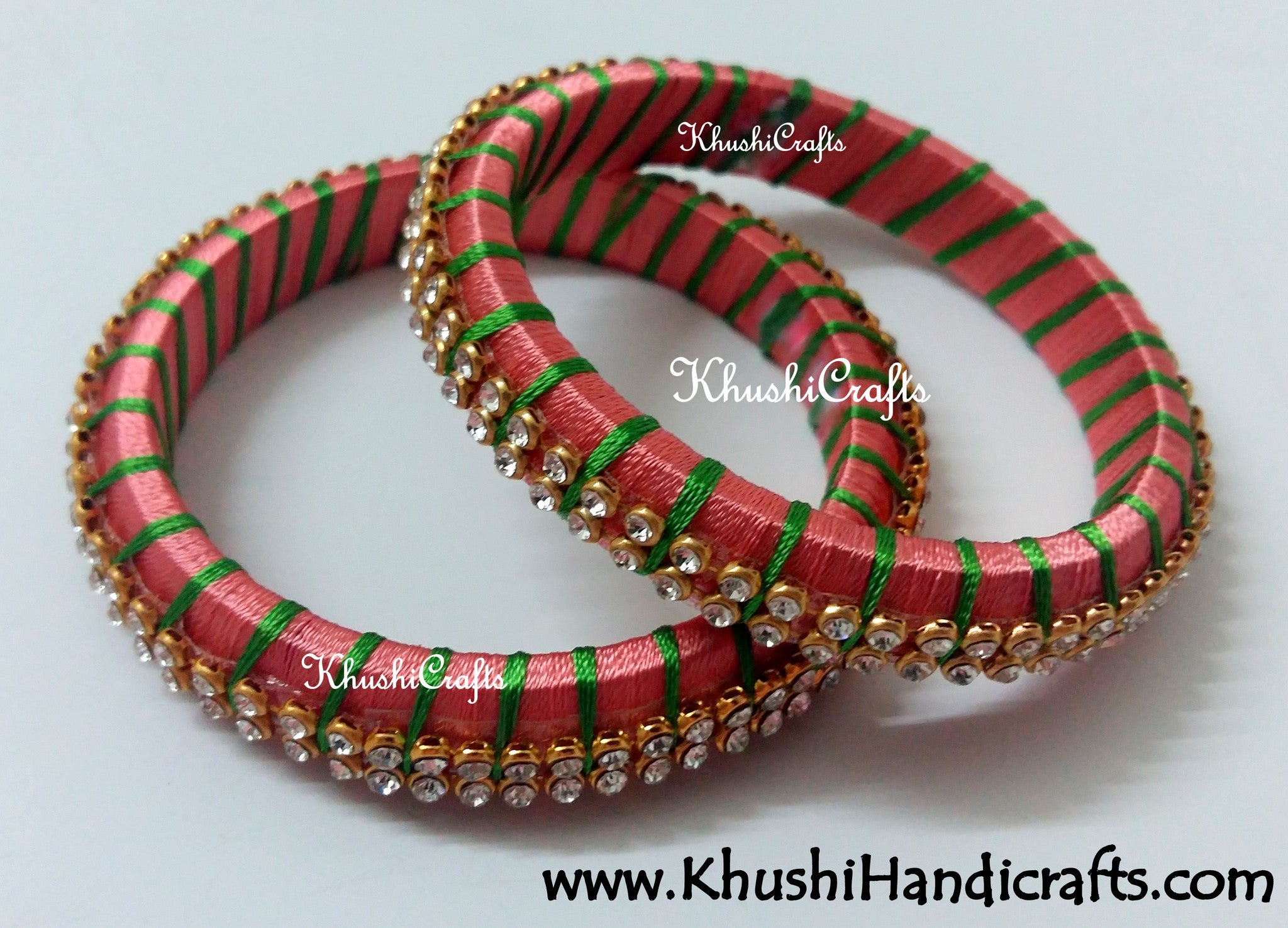 Grand Set of Designer Silk Bangles in Peach and Green - Khushi Handmade Jewellery