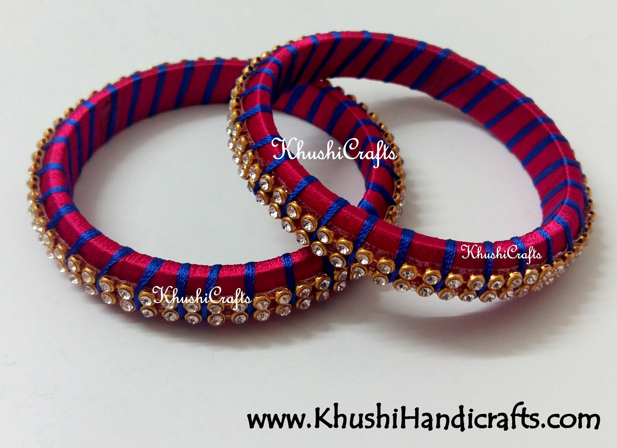 Grand Set of Designer Silk Bangles in Magenta and Blue - Khushi Handmade Jewellery