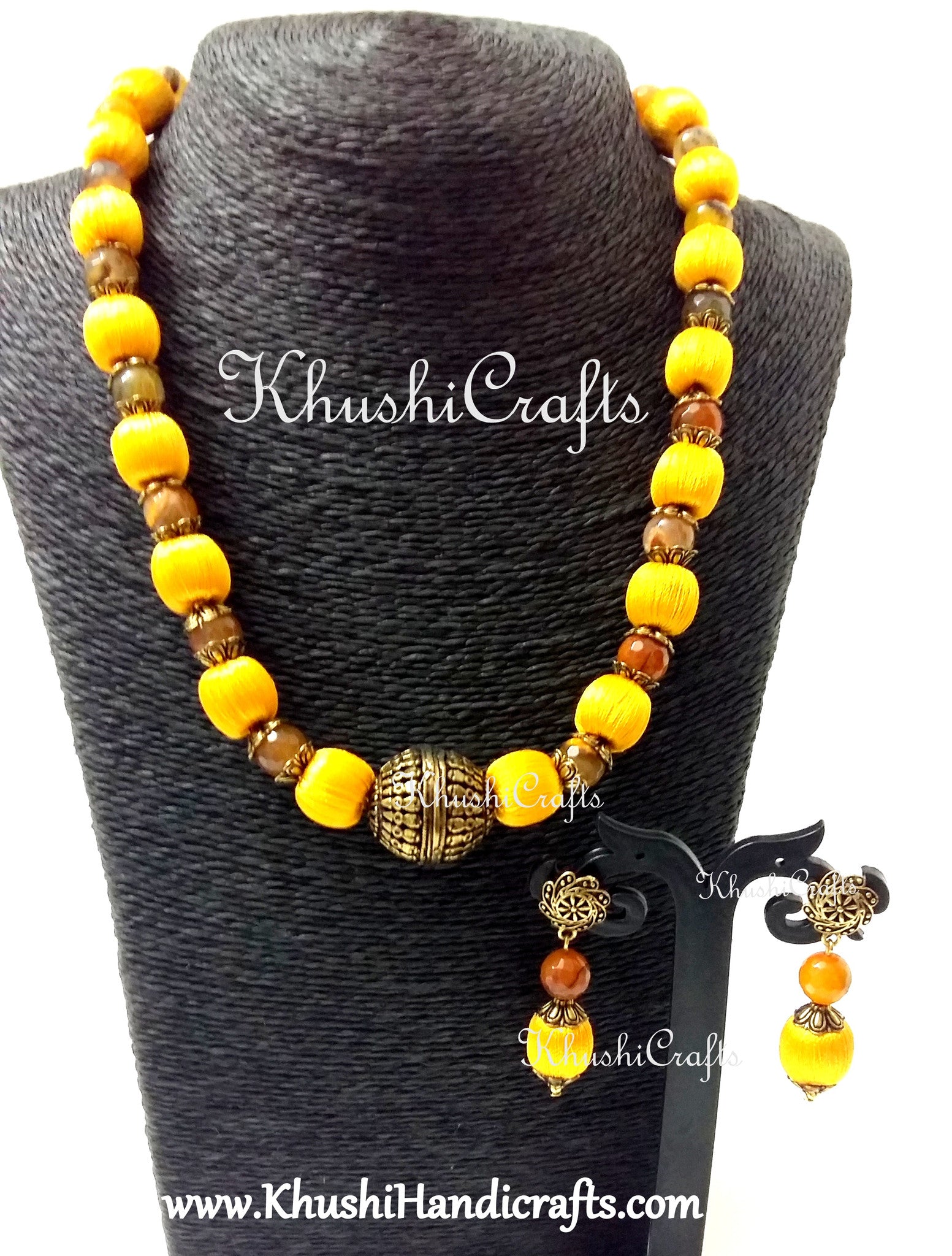Yellow splendour silk beads ,quartz and german silver amalgamated neckpiece - Khushi Handmade Jewellery