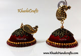 Red Designer Extra large Silk Jhumkas enhanced with a Peacock Stud - Khushi Handmade Jewellery