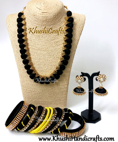 Black Silk Thread Necklace set with Bangles in Black and Yellow