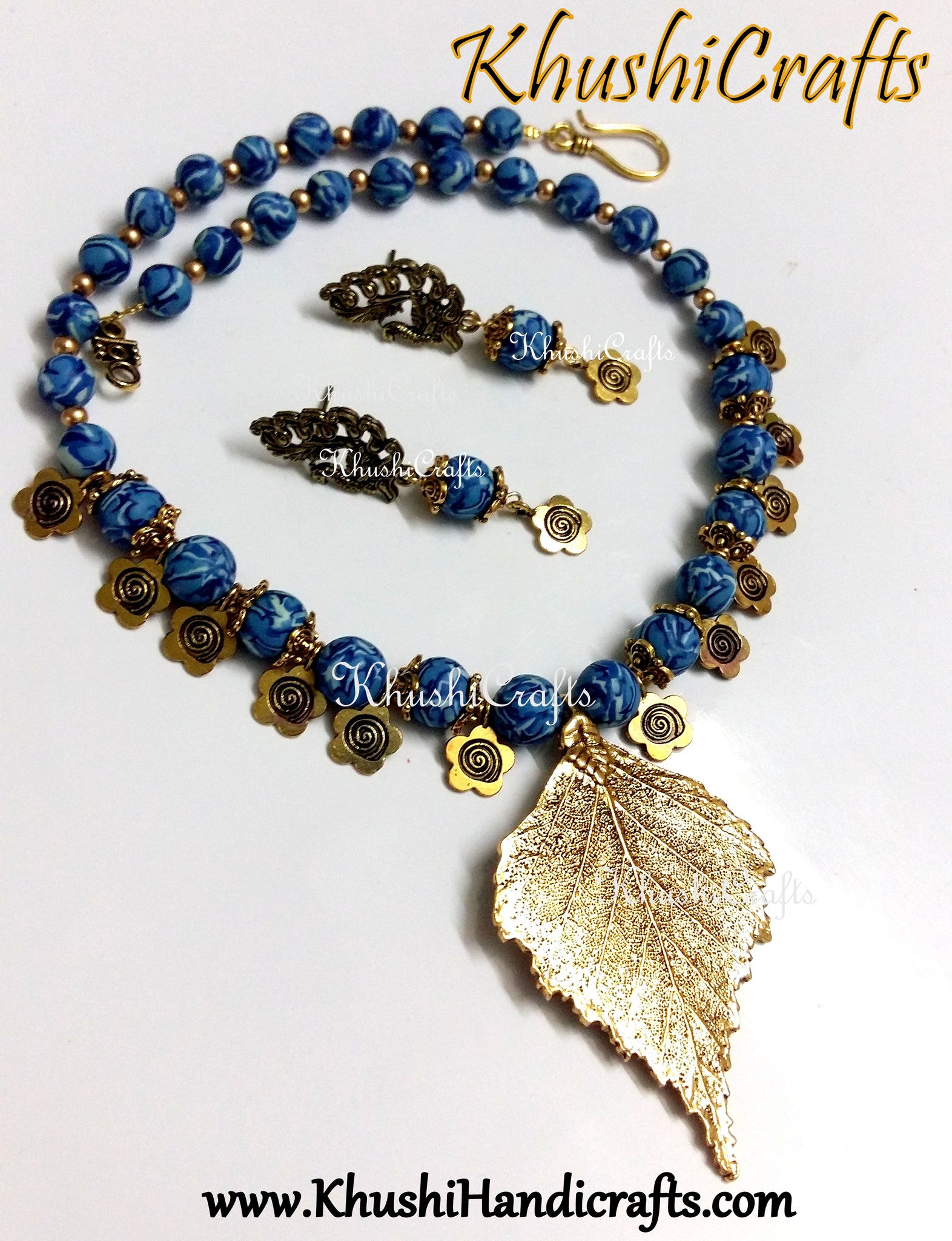 Blue designer Polymer beads amagamated with Metal charms Necklace set - Khushi Handmade Jewellery