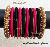Silk Thread Bangles in Pink and Black with Pearl designer metal bangle