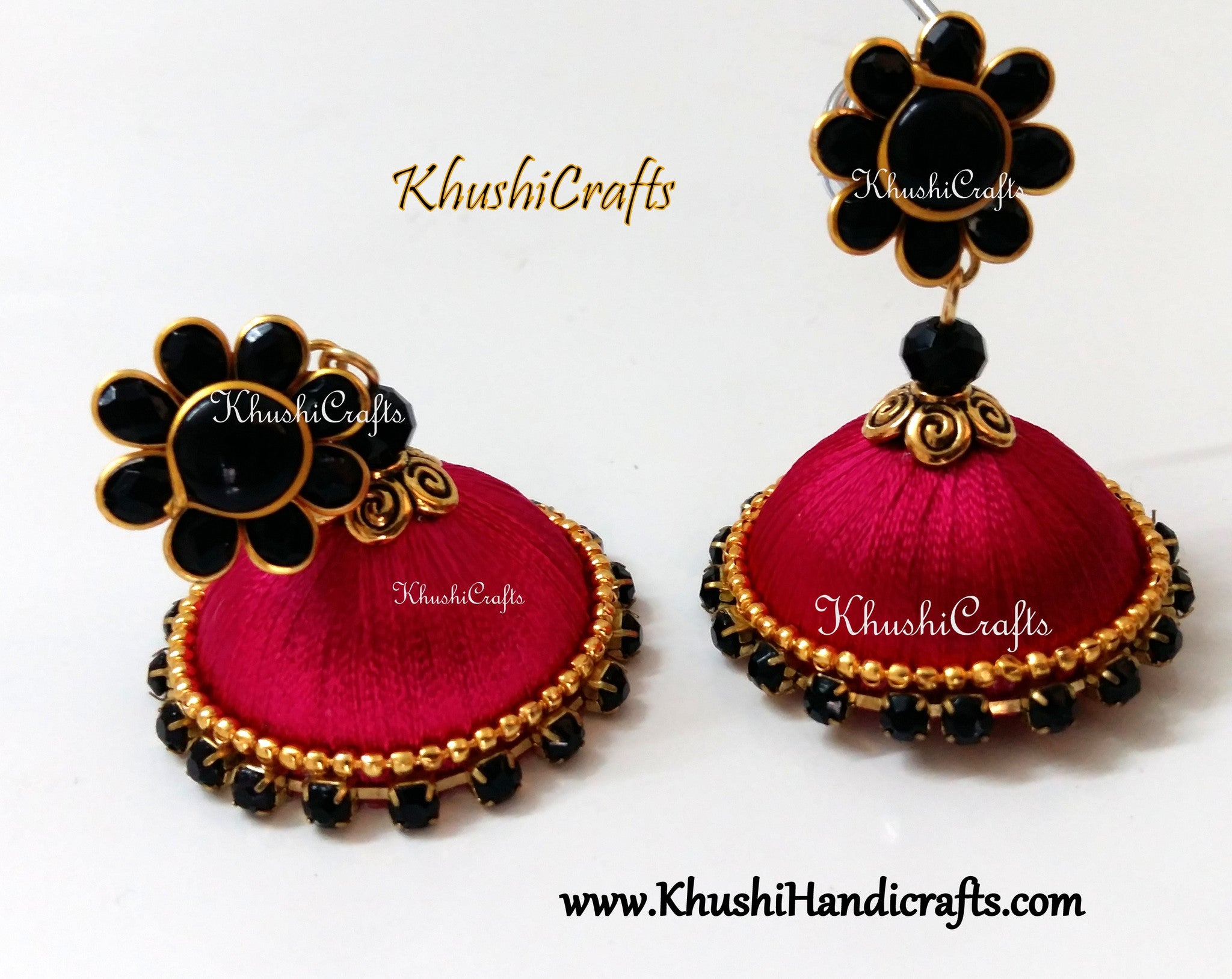 Pink Silk Jhumka With Black Pachi Stud - Khushi Handmade Jewellery