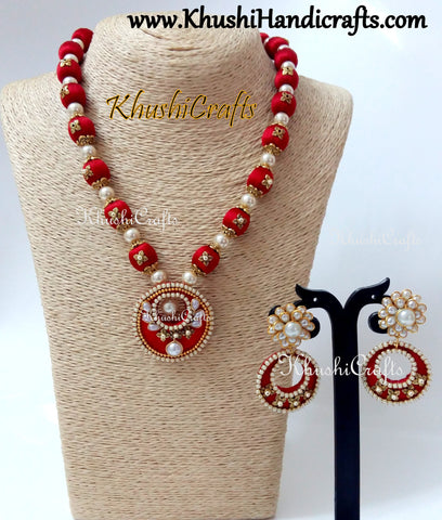 Red Silk Thread Designer Necklace set with Pachi studded earrings