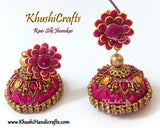 Pink Raw silk Jhumkas with Hand embroidery(Zardosi & Aari /Maggam work)! - Khushi Handmade Jewellery
