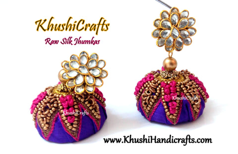 Purple Raw silk Jhumkas with Hand embroidery(Zardosi & Aari /Maggam work)!