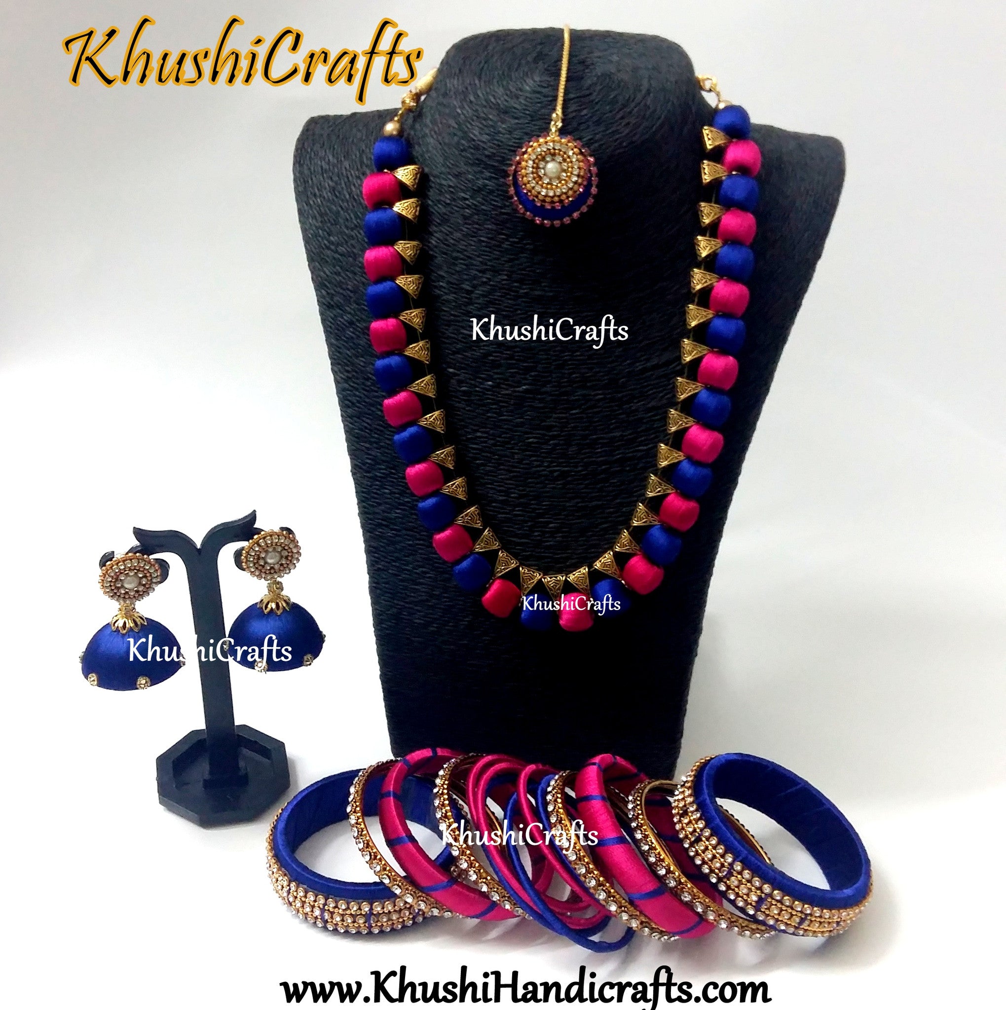 Silk Thread Handmade Necklace set with Bangles and Maang tikka in Pink and Blue!