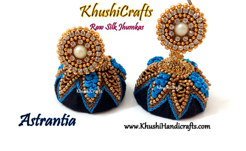 Raw silk Jhumkas in Black and Blue