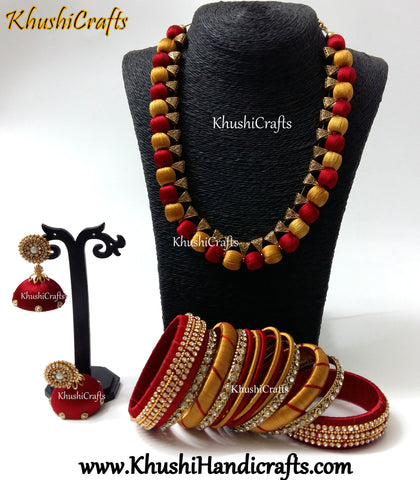Red and Gold Silk Thread Handmade Necklace set with Bangles
