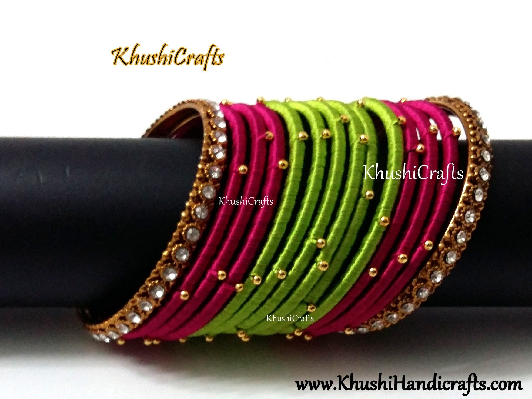 Pink and Green Silk Thread Beaded Bangles