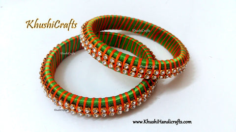 Grand Set of Designer Silk Bangles in Green and Orange