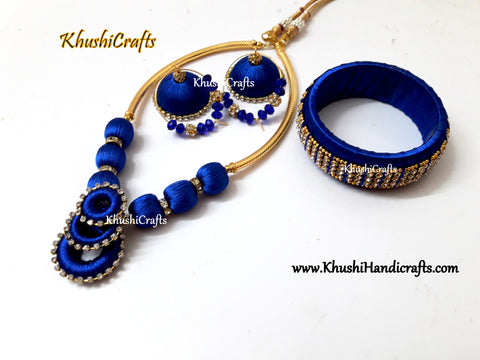 Blue Silk thread set with matching Kada style Bangle and Jhumkas