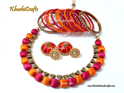 Pink and Orange Silk thread Necklace set with matching Jhumkas and Bangles