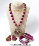 Pink Raw silk  Necklace set with Bangles with Hand embroidery Variation 1(Zardosi & Aari /Maggam work)! - Khushi Handmade Jewellery