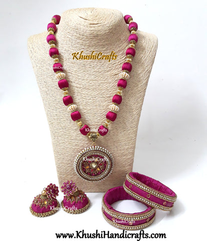 Pink Raw silk  Necklace set with Bangles with Hand embroidery Variation 1(Zardosi & Aari /Maggam work)!