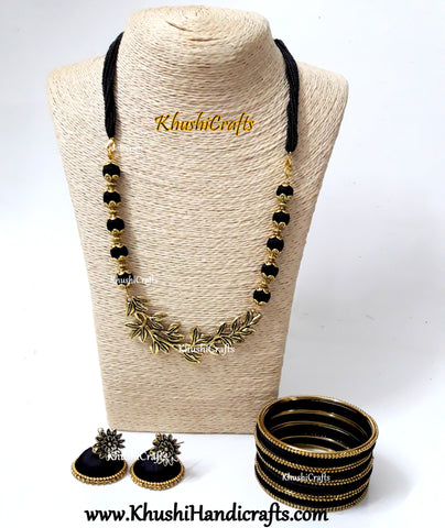 Black silk thread Necklace set with Multiple Leaf Pendant with a set of bangles!