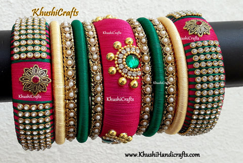 Bridal Silk thread bangles in Pink ,Green and Cream combination!