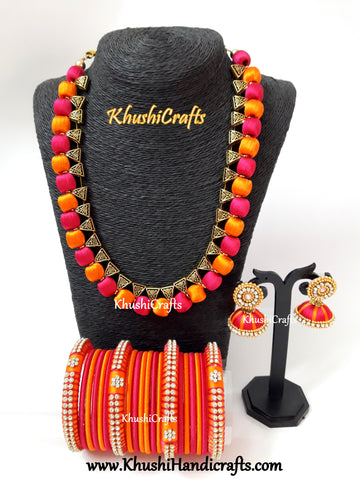 Orange and Pink Silk Thread Necklace set with matching bangles and jhumkas!