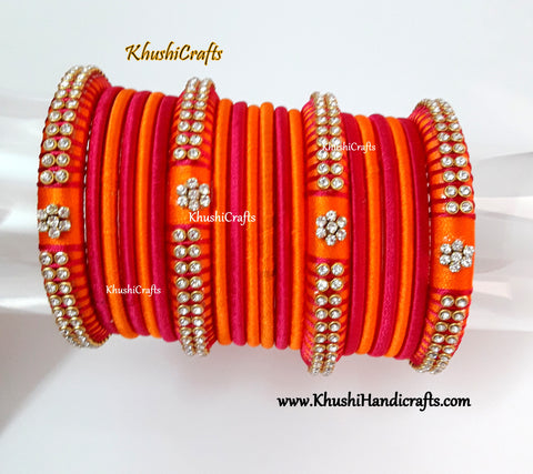 Designer Pink and Orange Silk Thread Bangles
