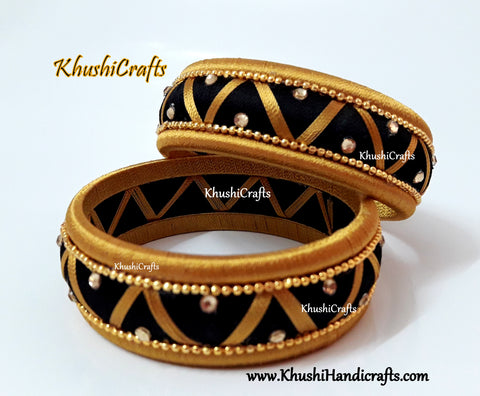 Designer Silk thread Kada Bangles in Black and Gold