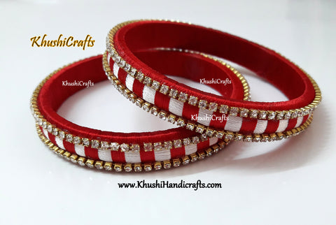 Red and White Designer Silk thread Bangles