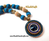 Silk Thread Jewellery set in Peacock Blue shade with a handcrafted Rivoli Glass crystal pendant! - Khushi Handmade Jewellery