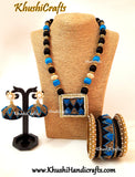 Blue Black Raw silk Designer Embroidered Necklace set with raw silk Bangles and Jhumkas with French Knot work(Zardosi & Aari /Maggam work)!