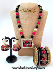 Pink and Black Raw silk Designer Embroidered Necklace set with raw silk Bangles and Jhumkas with French Knot work(Zardosi & Aari /Maggam work)!