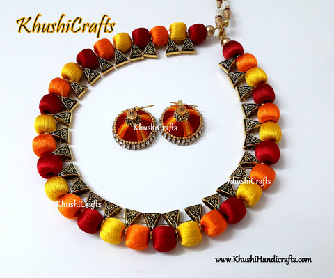 Red Orange Yellow silk thread Necklace set
