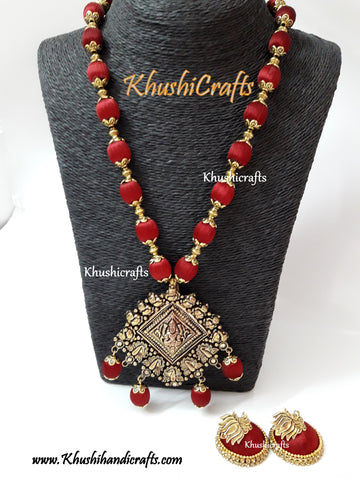 Maroon shaded Silk Thread Jewelry Set with Designer Lakshmi Pendant!