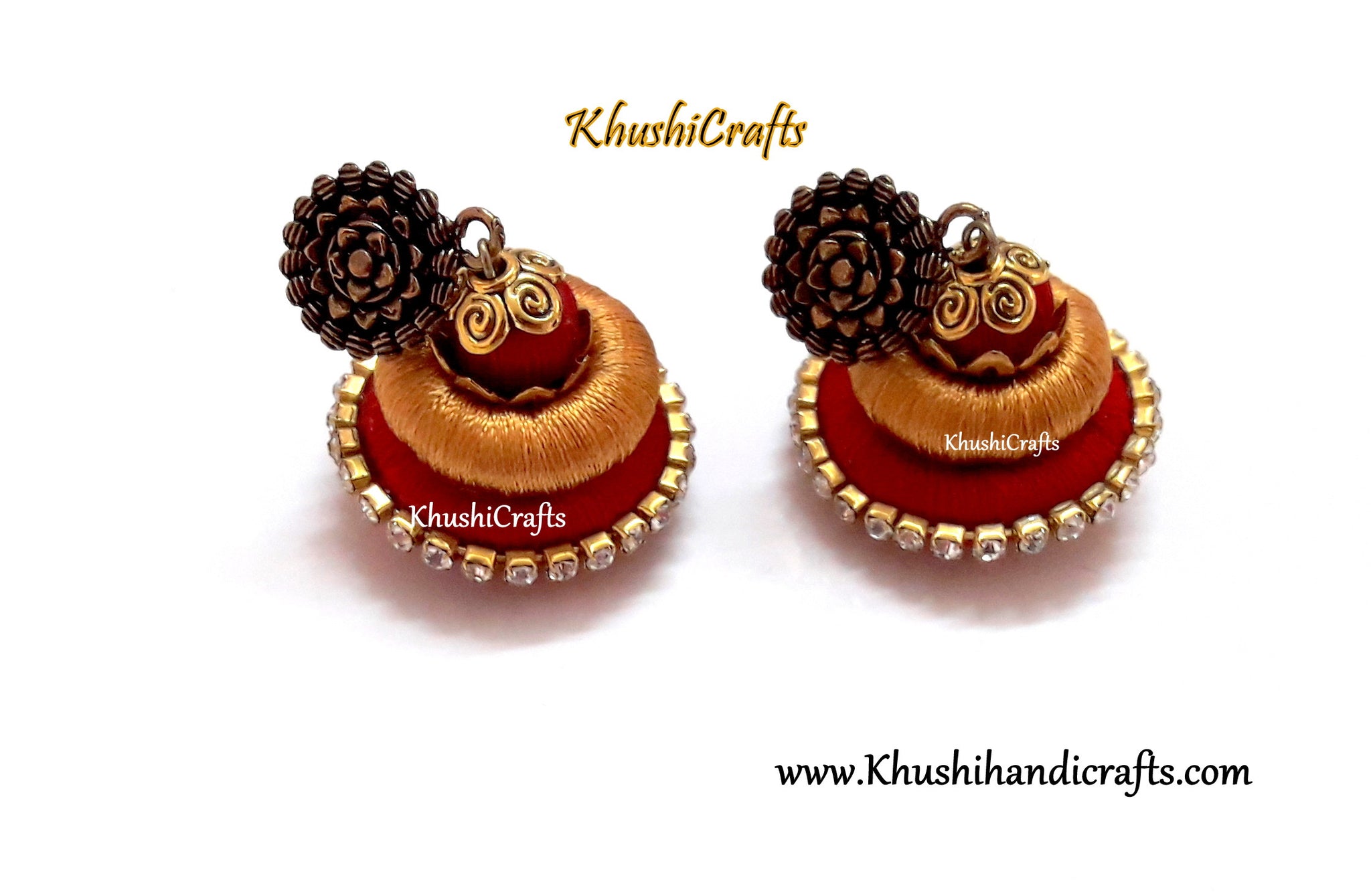 Gold and Red Silk Thread Earrings