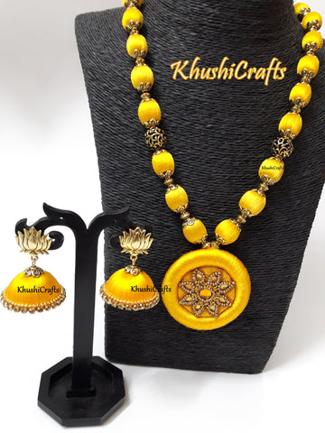 Yellow Silk Thread Necklace set with handcrafted pendant