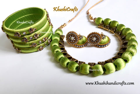 Lime Green silk thread Necklace set with a set of elegant bangles!