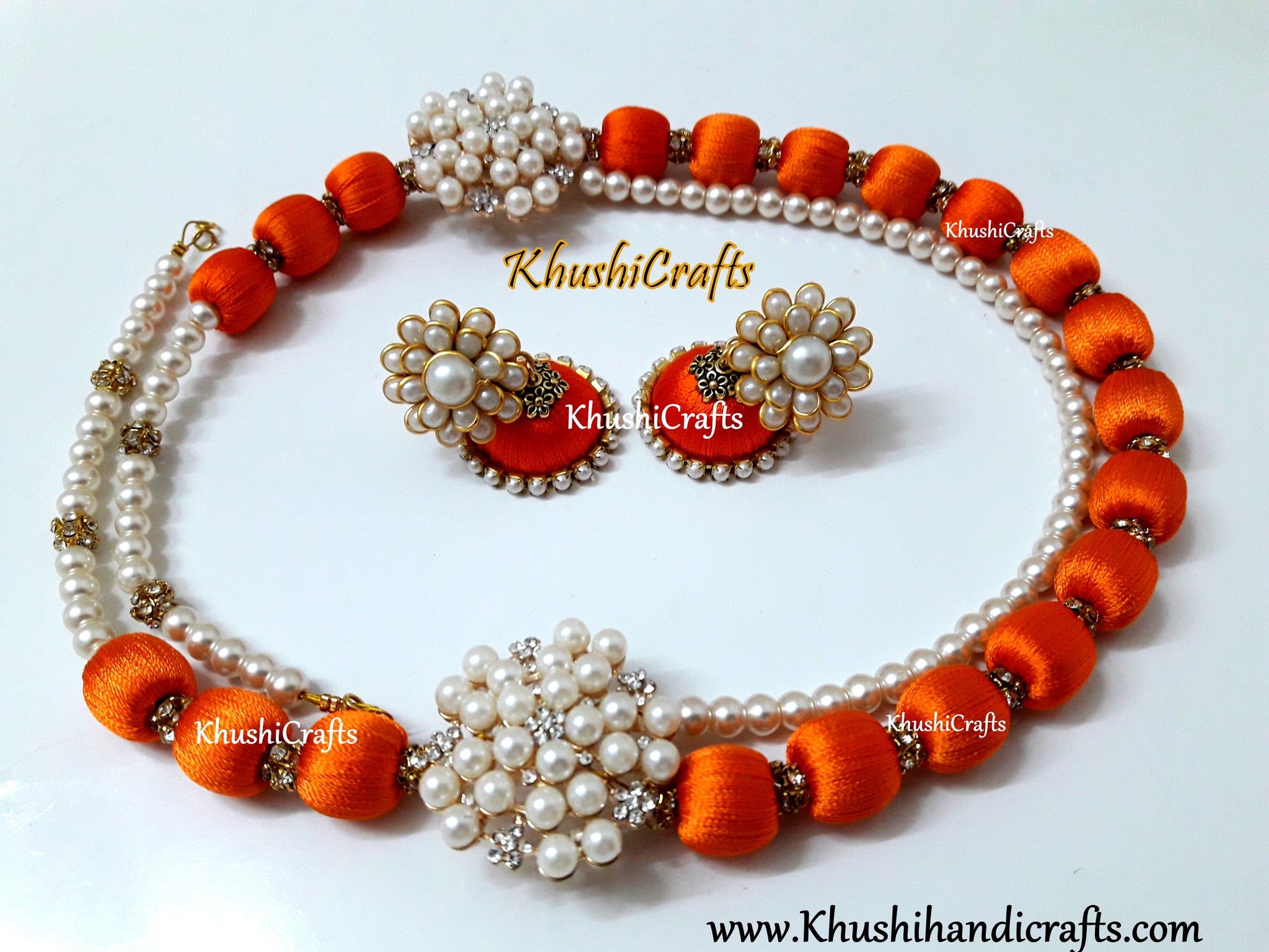Red/Orange Silk Thread Necklace set in Moppu design!