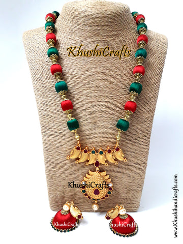 Silk Thread Jewelry in Green and Red complimented with a Designer Pendant!