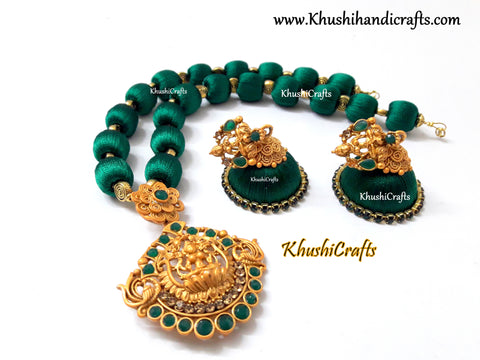 Silk Thread Jewelry in Green complimented with a Lakshmi Pendant!