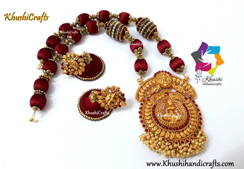 Maroon shaded Silk Thread Jewelry Set with a grand Temple Jewelry Lakshmi Pendant!