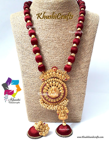 Maroon shaded Silk Thread Jewelry Set with a grand Temple Jewelry Lakshmi Pendant Pattern 2!