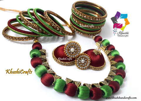Silk Thread Jewellery set with Bangles in Green and Maroon
