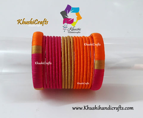 Pink ,Orange and Gold shaded Silk thread Designer Bangles