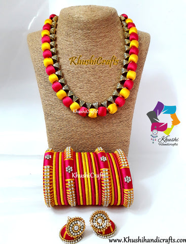 Yellow and Pink Silk Thread Jewellery Necklace set with matching bangles and jhumkas!