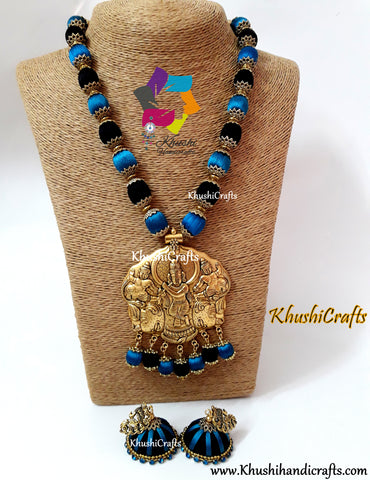 Peacock Blue and Blue Silk Thread Jewelry Set with Designer Krishna Pendant!
