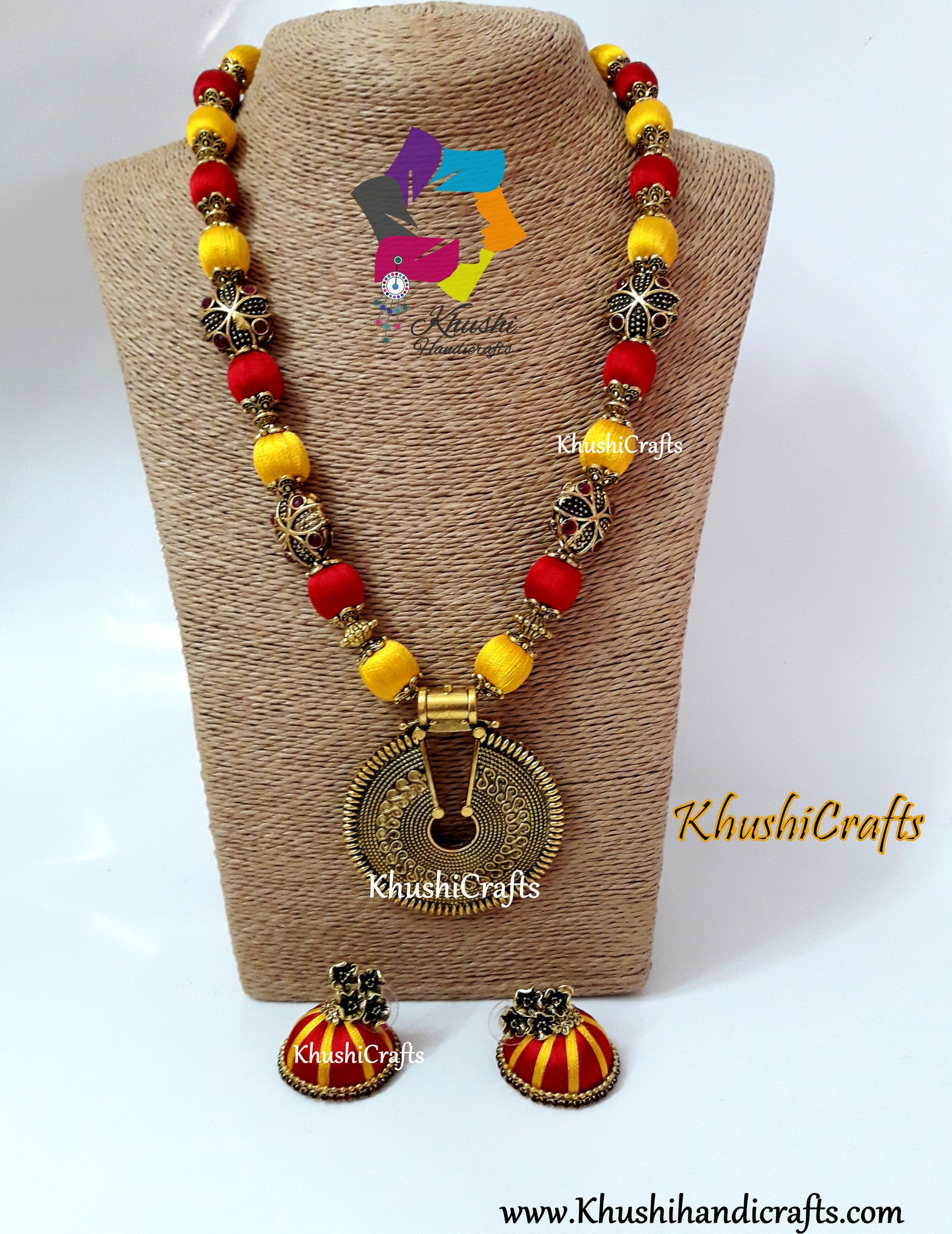 Buy Silk Thread Jewelry Set in Red and Yellow with Designer Pendant ...