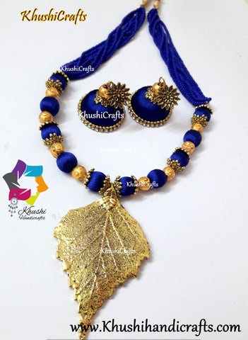 Royal Blue silk thread Necklace set with Leaf Pendant