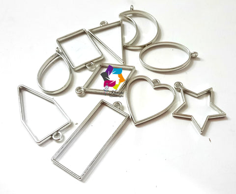 Silver -Hollow open bezel charm Frames for making resin Pendants and Earrings. Set of 10 pieces!