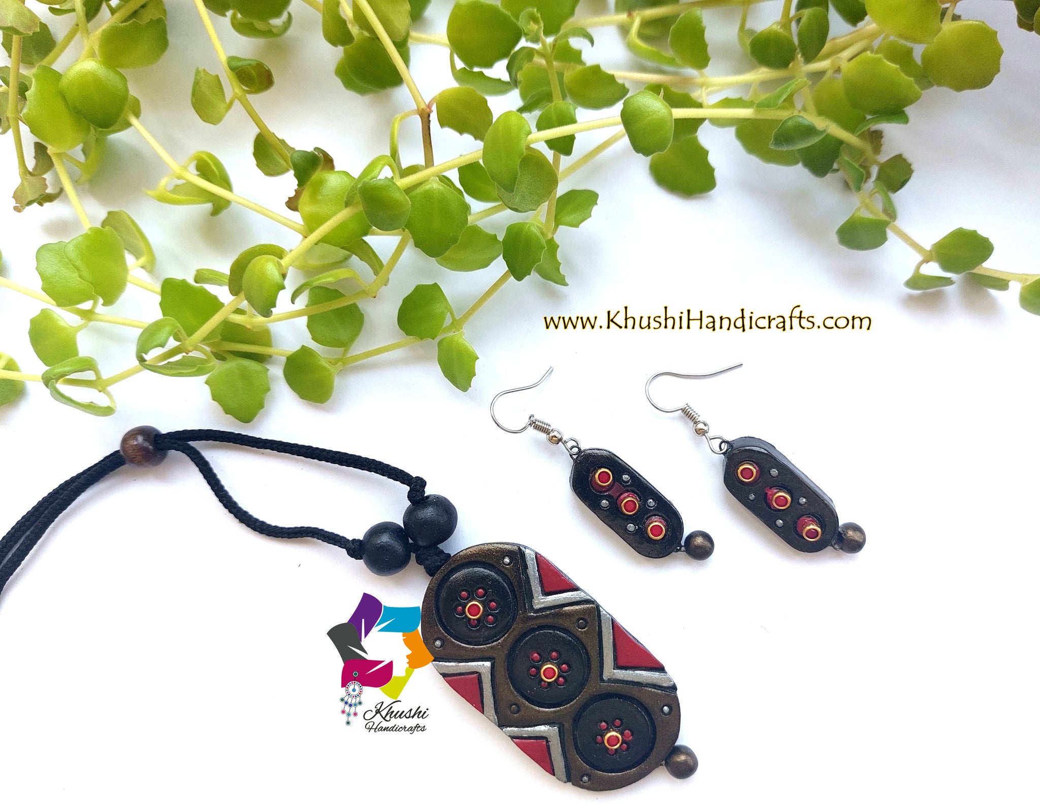 Handmade Terracotta Jewelry Set Black Grey Red With adjustable Dori