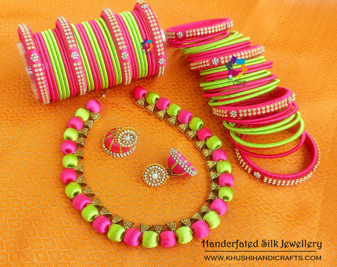 Pink Lime green Silk Thread Necklace set with Silk Bangles